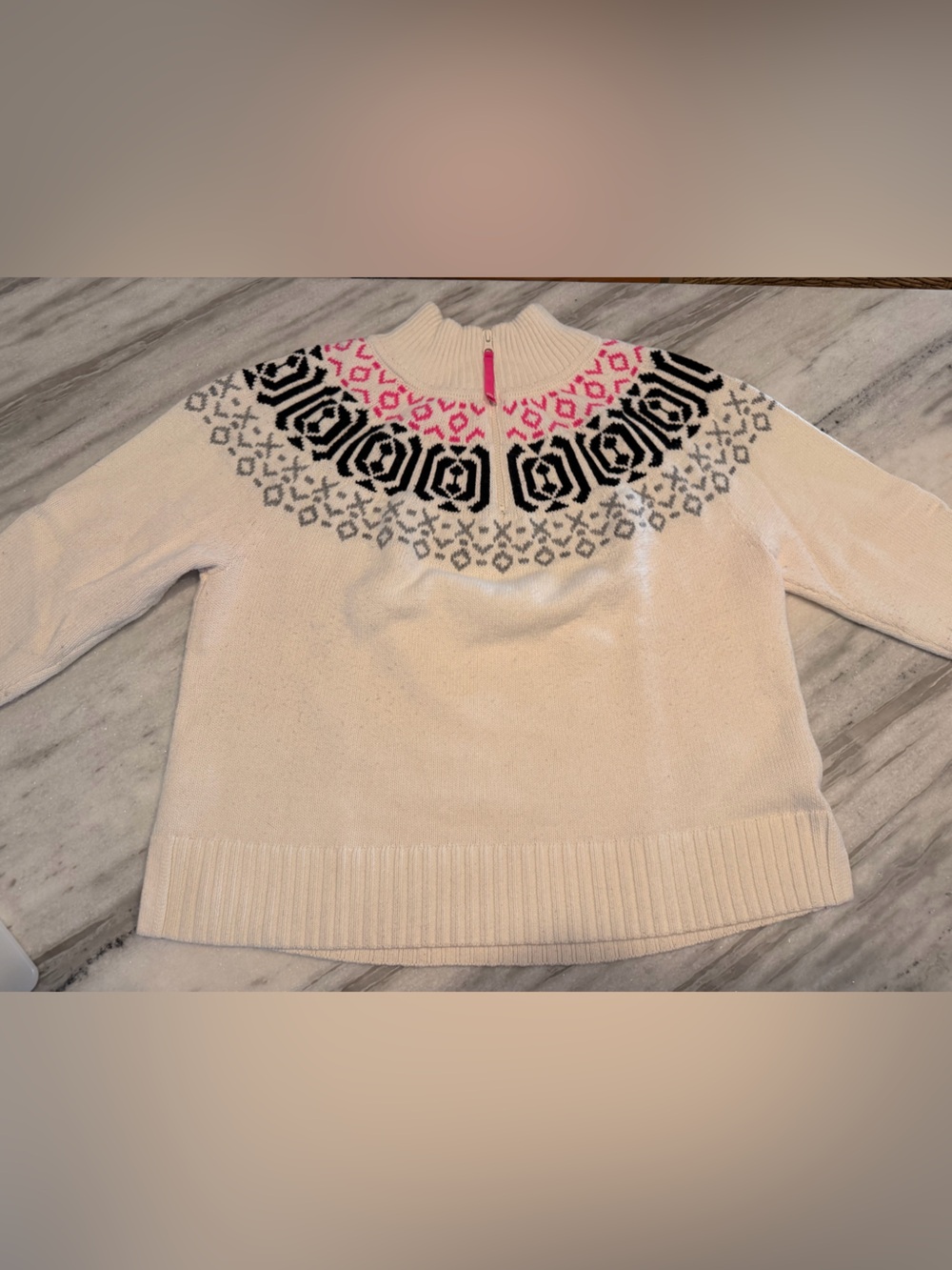 Talbots Cream Sweater with Black and Pink Fair Isle Yoke